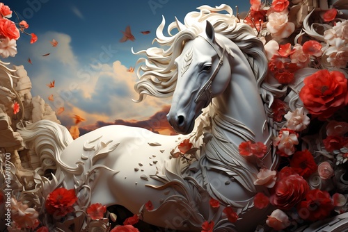 Statue of white horse surrounded by red and white flowers.