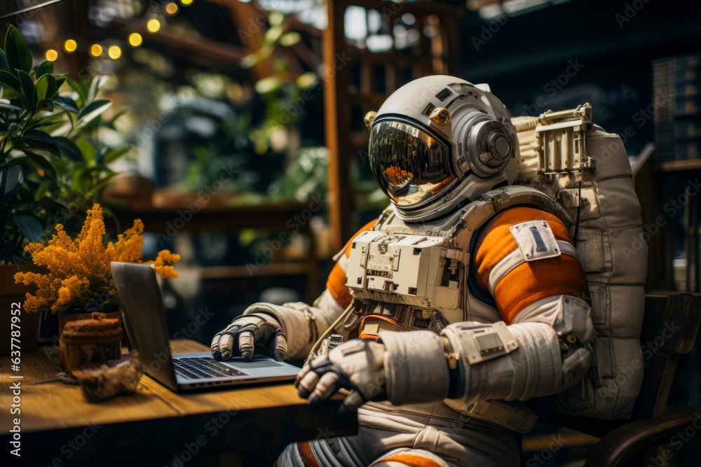 Man in space suit sitting at desk with laptop.