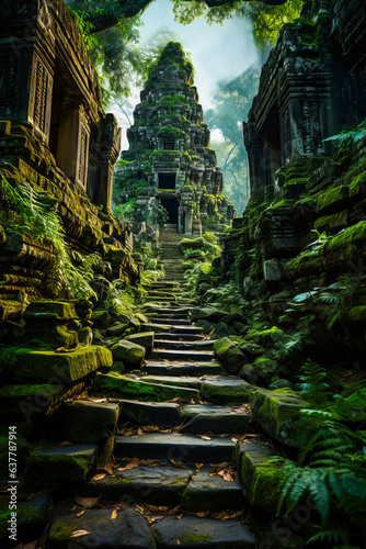 Set of stone steps leading to temple in jungle.