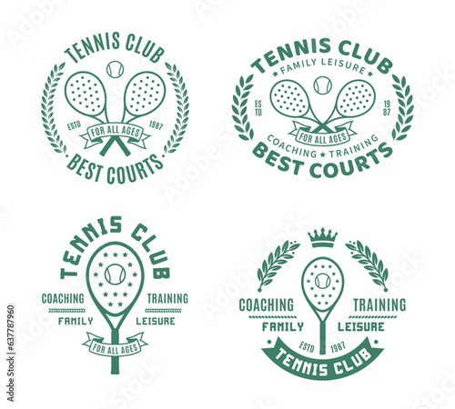 Tennis club logo. Sport labels with sample text. Tennis emblems for tournament, recreation and clubhouse