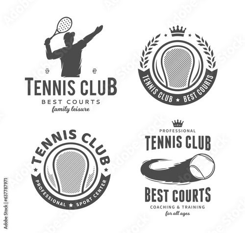 Set of tennis club logo with tennis player, ball, wreath and crown