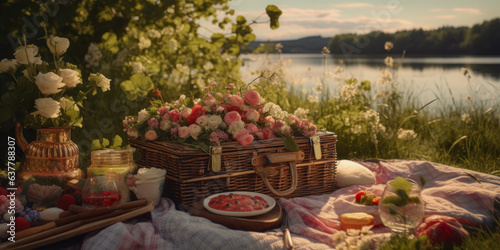 A Romantic Picnic In Nature On Green Spring Grass Is Created Using Artificial Intellect