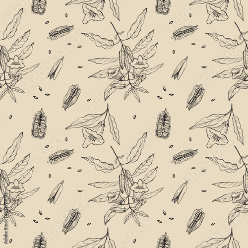 Sesame seamless pattern repeating background with flower, branch and sesame seeds. Hand drawn backdrop, decorative ornament. Vector illustration, for print, paper, label, template, packaging, design
