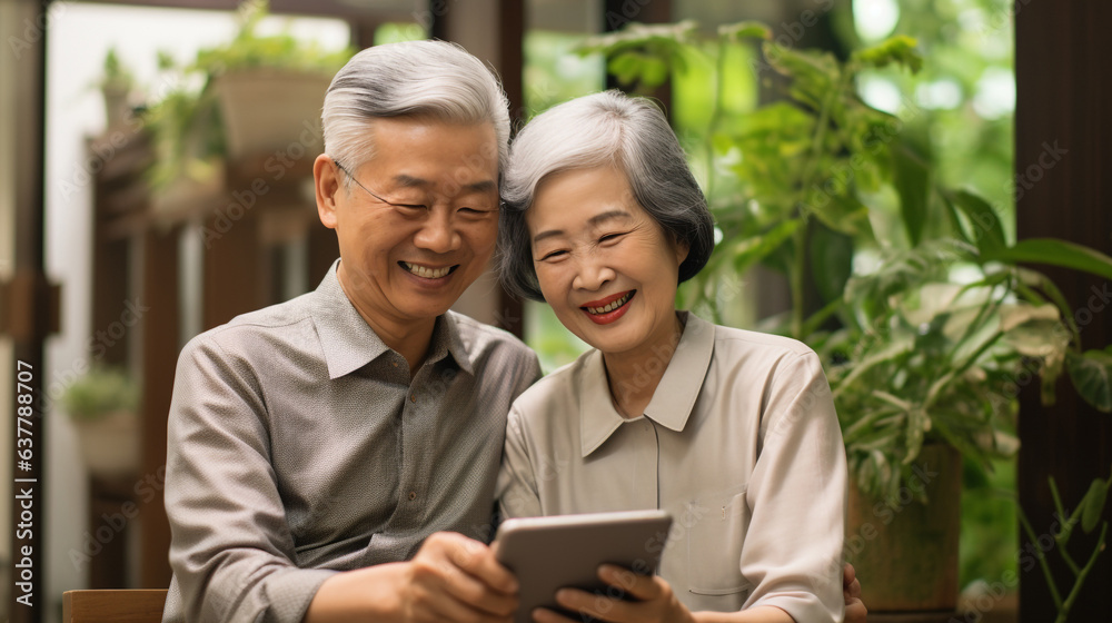 Happy Asian seniors couple smiling and using digital tablet Happy Asian seniors couple smiling and using digital tablet
