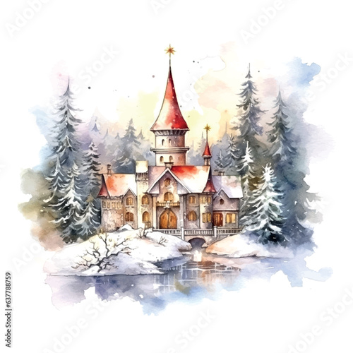 Vintage christmas house forest watercolor, great design for any purposes. Snow New Year