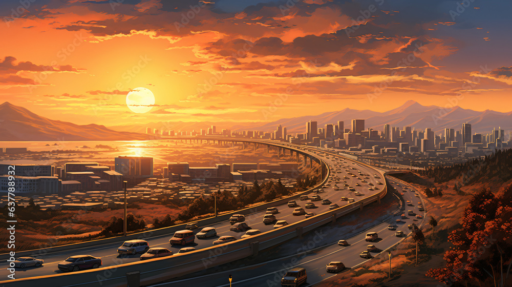 Highway trafin in sunset top veiw