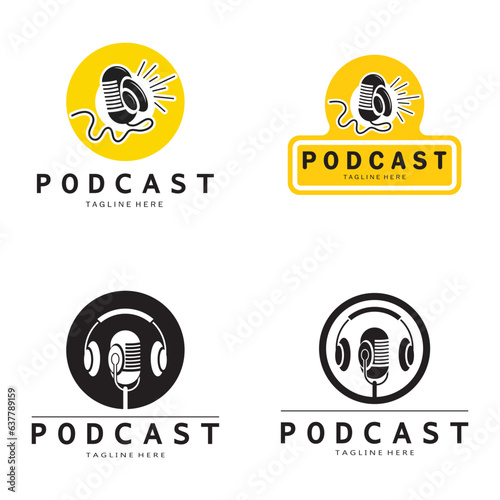 podcast logo with microphone and earphone audio, radio waves. for studio, talk show, chat, information sharing, interview, multimedia and web.