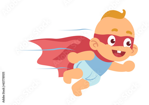 Baby superhero, little boy in red cape and mask flying. Super hero kid in diaper, justice fighter in cape speed running. Cartoon flat style isolated on white background vector concept