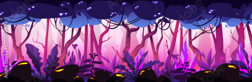Magic forest background - horizontal panoramic misty backdrop with pink and purple tree trunks, bushes and plants with glowing elements. Cartoon vector scenery of fantasy woodland or jungle.
