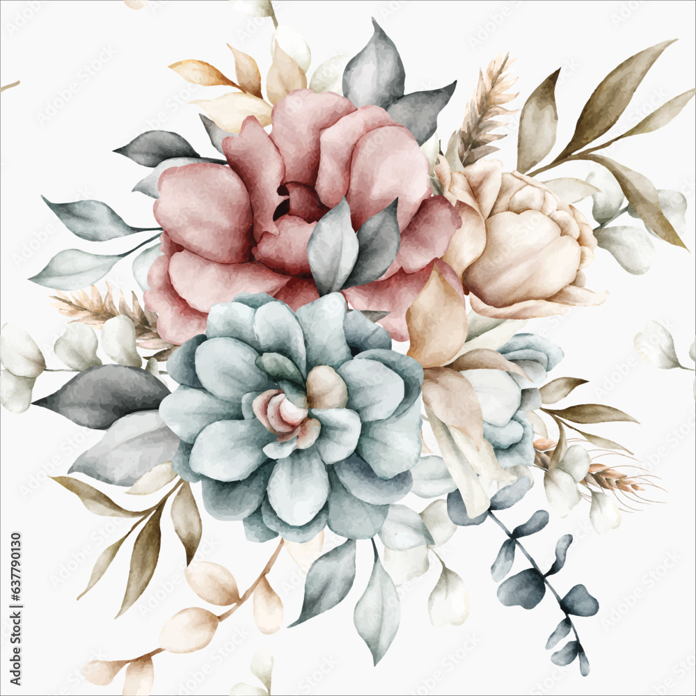 beautiful floral seamless pattern with vintage watercolor flower and leaves