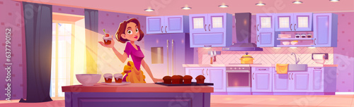 Woman with cupcakes in kitchen vector illustration. Female chief bake sweets with modern kitchenware and cooking furniture. Clean floor, curtain on window and sunlight ray indoor background concept