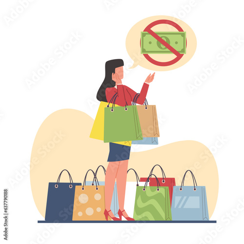 Big spending concept, shocked woman standing amidst many shopping bags. Shopaholic girl, addicted person. Spend all money. Mental illness. Vector cartoon flat shopaholic illustration