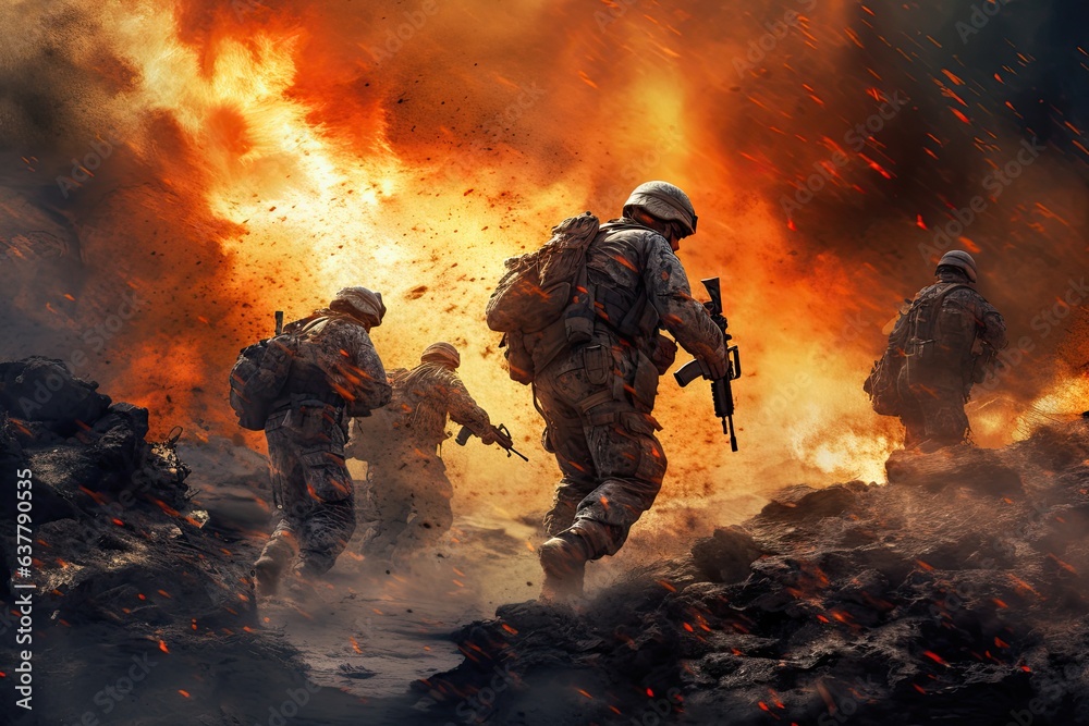 Group of soldiers watercolor illustration - Generative AI. Group of soldiers watercolor illustration - Generative AI.