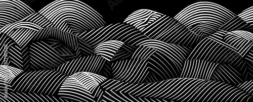 Seamless hand drawn geometric patchwork pattern made of fine white stripes on black background. Abstract rolling hills landscape motif or thatched polygons texture in a trendy doodle, Generative AI