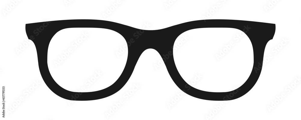 Nerd glasses on white background. Geek spectacles icon. Trendy black glasses frame. Graphic design element. Fashion accessory for characters. Modern eyeglasses template flat. Vector illustration. 