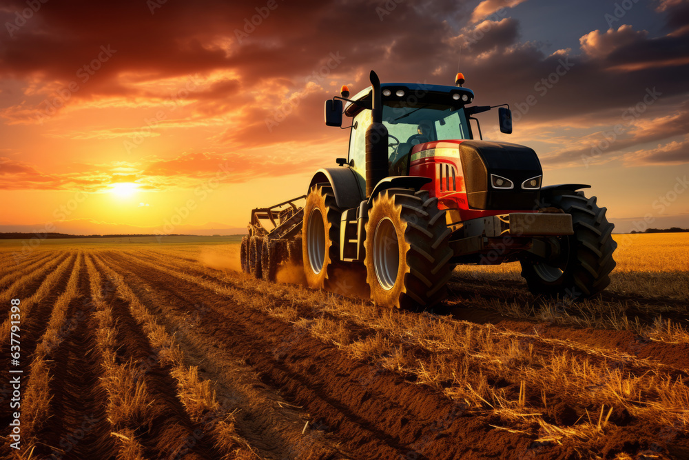 Tractor on the barley field by sunset. Generative AI. Tractor on the barley field by sunset. Generative AI.