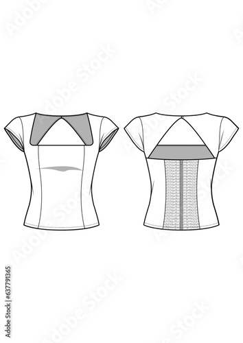 Square neck cap sleeve top blouse with back smocking and princess seam line technical drawing / flat sketch /CAD / ADOBE Illustrator vector digital download	
