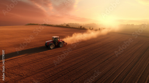 Tractor on the barley field by sunset. Generative AI.