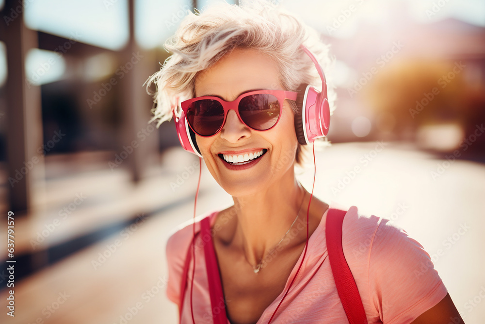 Fototapeta premium Portrait of elderly happy woman with gray hair running with headphones in the park. Generative AI