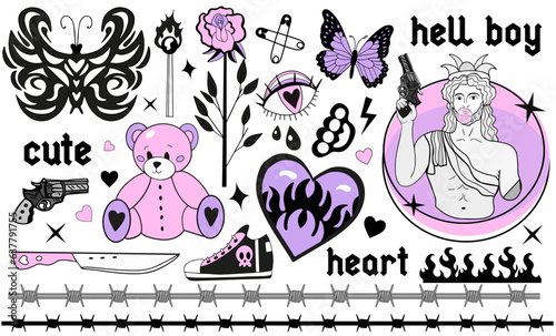 Y2k 2000s cute emo goth aesthetic stickers, tattoo art elements and slogan. Vintage pink and black gloomy set. Gothic concept of creepy love. Vector illustration