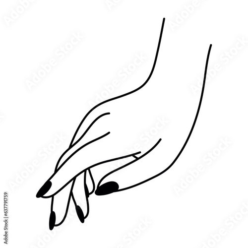 Female hand line art gesture. Gentle touch linear icon. Non-verbal language. Simple vector minimalist illustration. Graphic element isolated on white background. Elegant hand palm. Woman's arm.