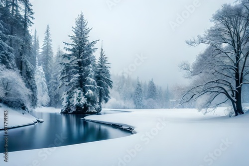 Winter Woodland with Snow covered Trees in a Pale Fog. Seasonal Banner © Pretty Panda