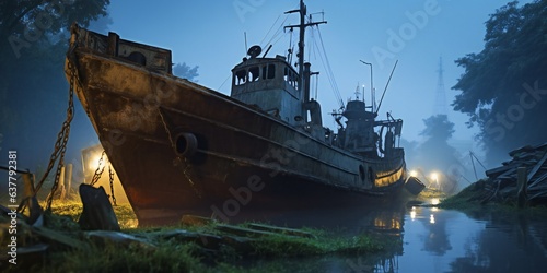 Rusty ship floats through the cemetery of the ship lighting