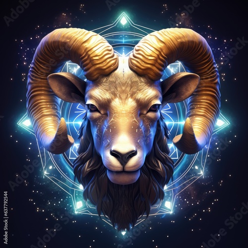 Zodiac sign of aries head with magic light in star wheel , horoscope. Generative Ai.