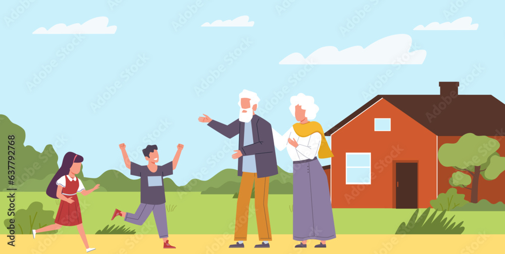 Children have come to visit their grandparents for summer vacation in village. Happy family, different ages relatives, grandpa and grandma, countryside house. Cartoon flat vector concept