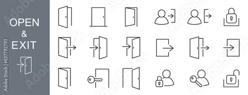 Door icons set. Open door line icon