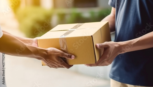 Delivery man delivering, holding parcel box to customer