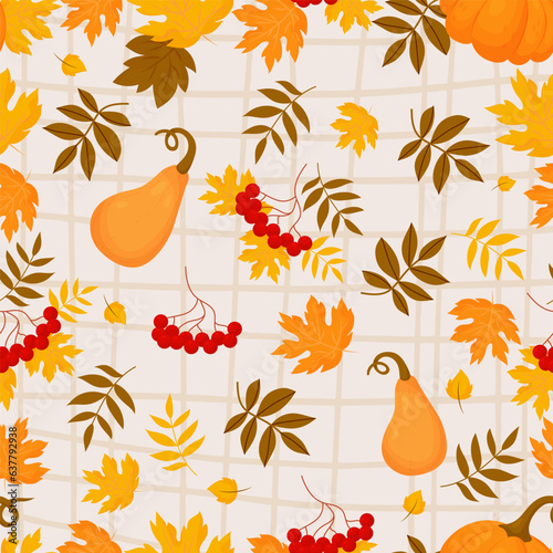 Autumn seamless pattern. Bunches red rowan with orange pumpkin on light checkered background with fall variegated leaves. Vector autumnal illustration for design, packaging, wallpaper and textile