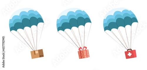 Concept of an online delivery service for freight, cardboard container, gifts and medical care. Boxes fly by parachute. Falling parcels, express shipping. Cartoon flat style vector set