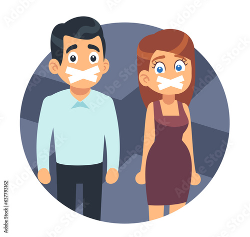 Concept of banning free speech, scared man and woman with their mouths taped shut, unable to speak. Discrimination and censorship. Ignoring people mind. Vector cartoon flat isolated illustration