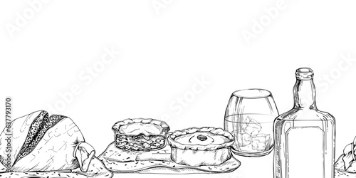 Ink hand drawn vector sketch. Seamless border. Scotland symbol objects. Traditional food and drink, haggis, scotch pie, whisky. Design for tourism, travel, brochure, wedding, guide, print, menu.
