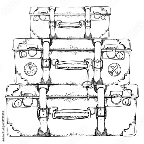 Ink hand drawn vector sketch. Illustration with set of retro vintage old suitcases luggage baggage with stickers and key. Design for tourism, travel, brochure, wedding, guide, print, card, tattoo.