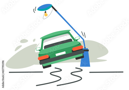 Car crash, hitting pole or lantern on street road