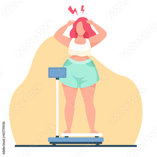 Concept of being overweight, fat girl scared that scale shows lot of weight. Feeling stressed unhealthy adult character, unhappy obese people. cartoon flat style isolated vector concept