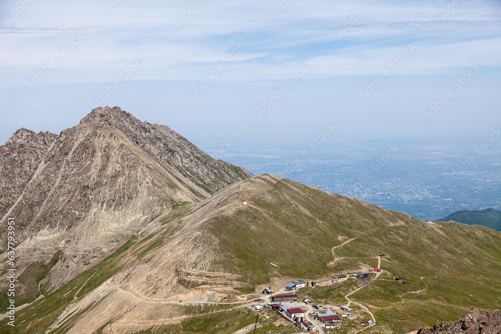 Magnificent view of the Cosmostation, the Big Almaty Peak and the city of Almaty