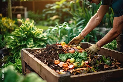 Closes up hand composting food waste in backyard compost bin garden,Generative AI