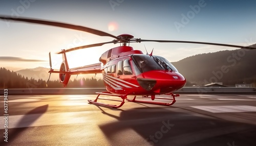 A red helicopter on a helipad with sun rays