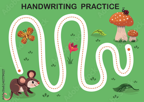 Handwriting practice for children in forest animals theme. Vector and educational illustration.