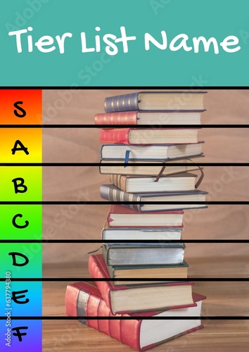 Composite of tier list text over stack of books