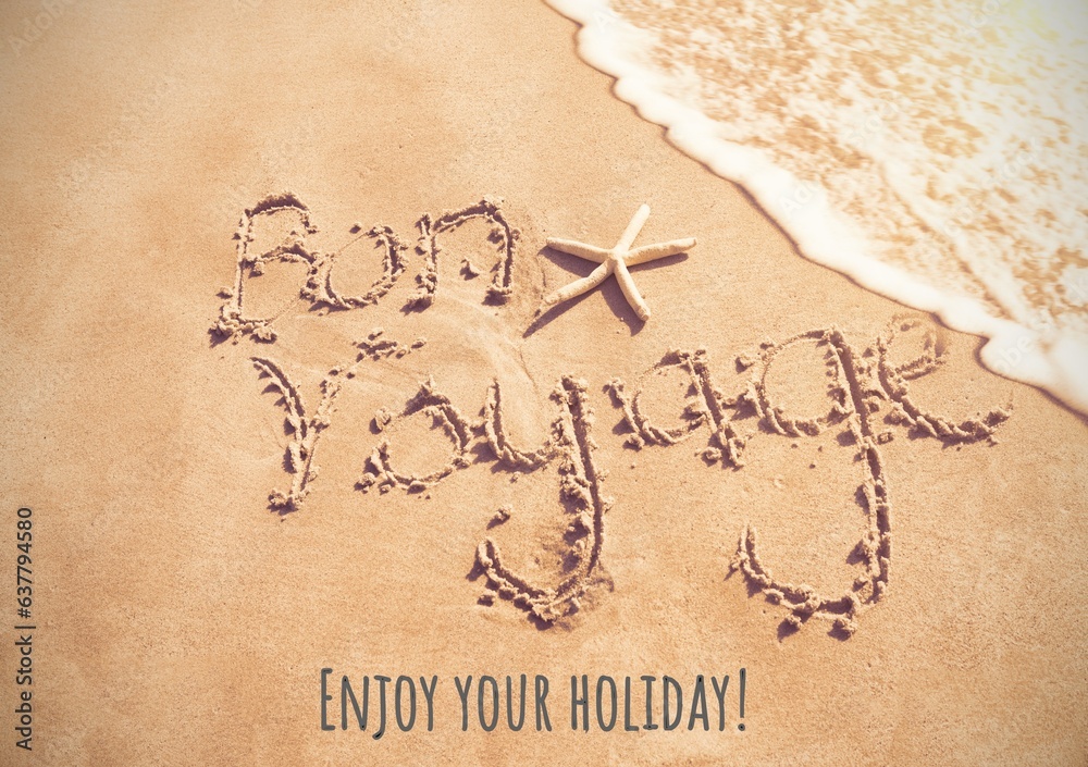Composite of enjoy your holiday, bon voyage text on sand with starfish at shore, copy space - obrazy, fototapety, plakaty 