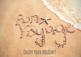 Composite of enjoy your holiday, bon voyage text on sand with starfish at shore, copy space