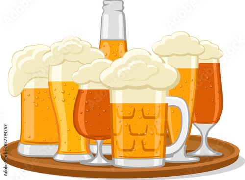 Set of glasses of beer on a tray close-up on a white background. isolated