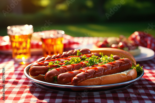 Savory Delights Grilled Hot Dogs with Mustard, Ketchup, and Relish Resting on a Picnic Napkin. created with Generative AI