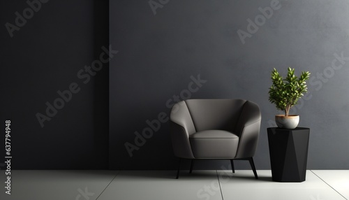 Grey wall panels and a black side table in minimalistic interior