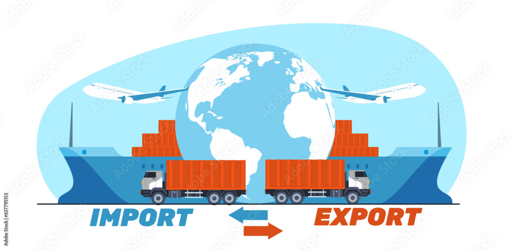 Concept of exporting and importing cargo around world, global logistics. International transportation by plane, barge and truck, big containers cartoon flat style isolated vector concept