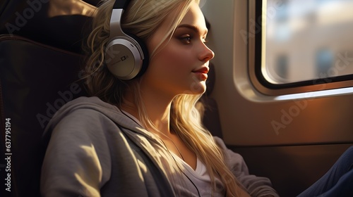 woman listening to streaming music in public transport © s06-AI